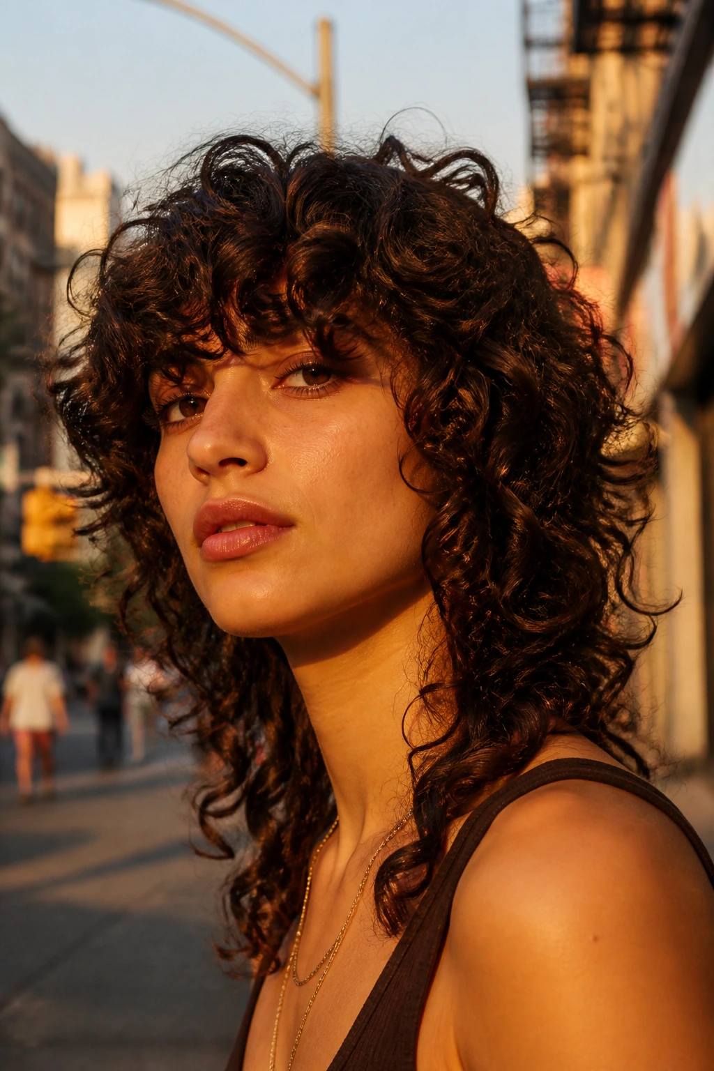 Portrait of a real person with wolf-style curly shag and full bangs in golden hour light