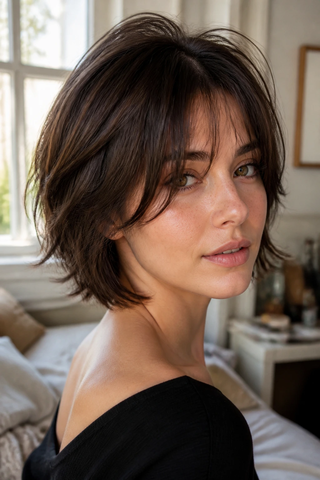 Close-up of a real woman with soft wolfish bob and wispy curtain bangs