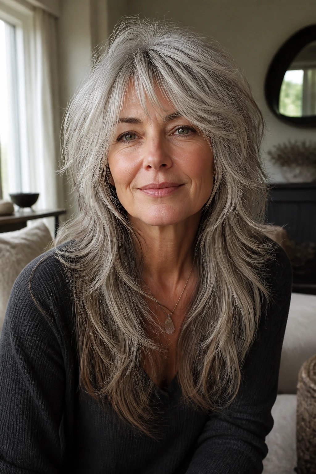 Close-up portrait of a real woman with long layered wolfish shag in natural window light.