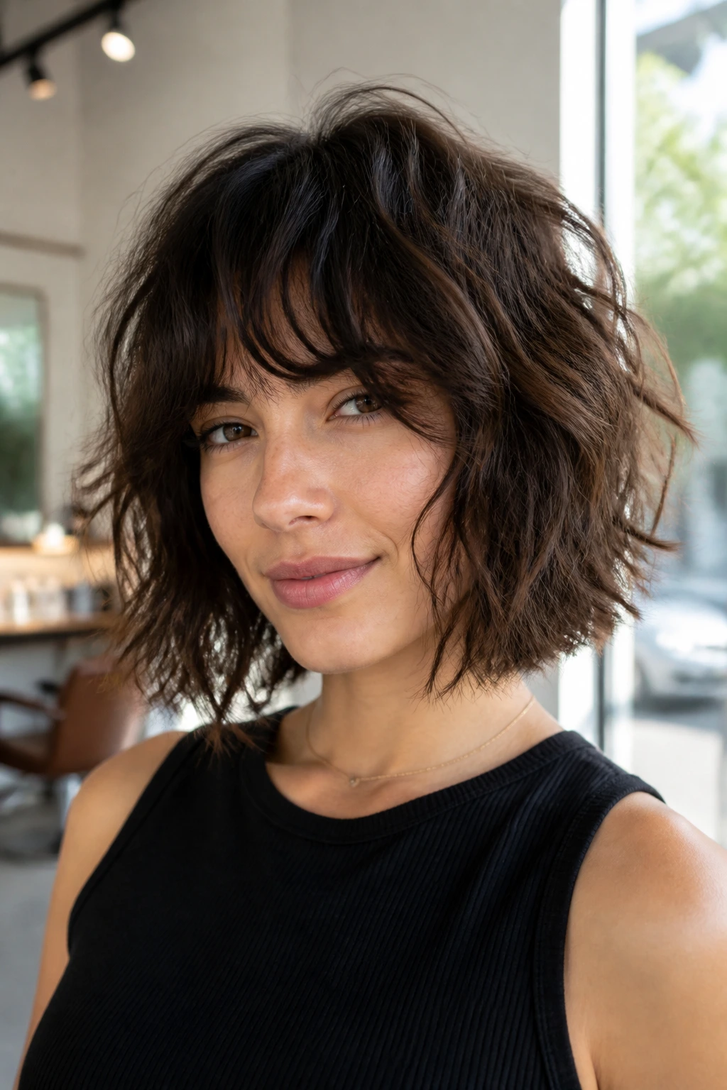 Close-up portrait of brunette with a soft wolfy bob and shaggy bangs in a sunlit salon.