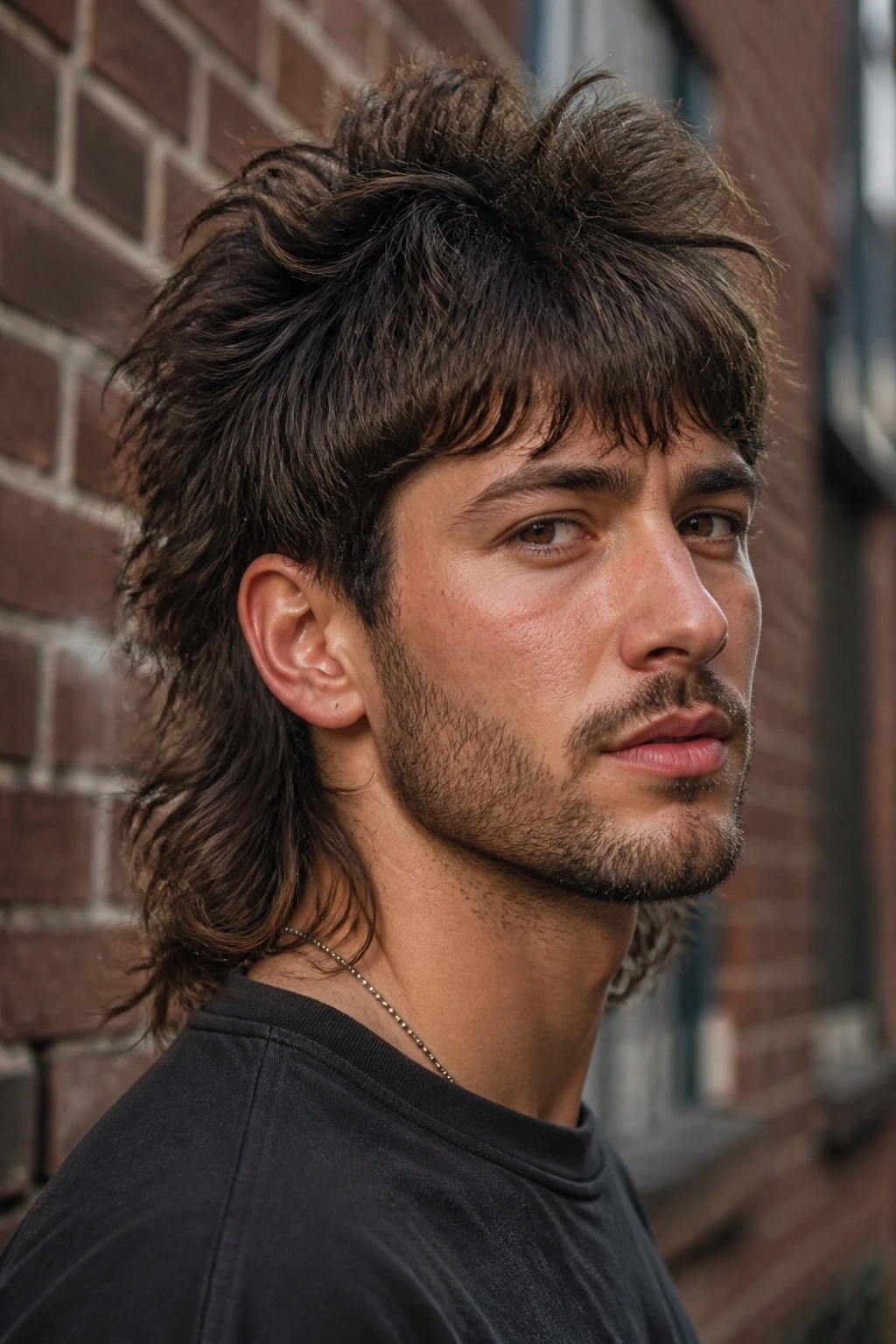 Close-up portrait of a real person with a wolfy mullet in an urban daylight setting