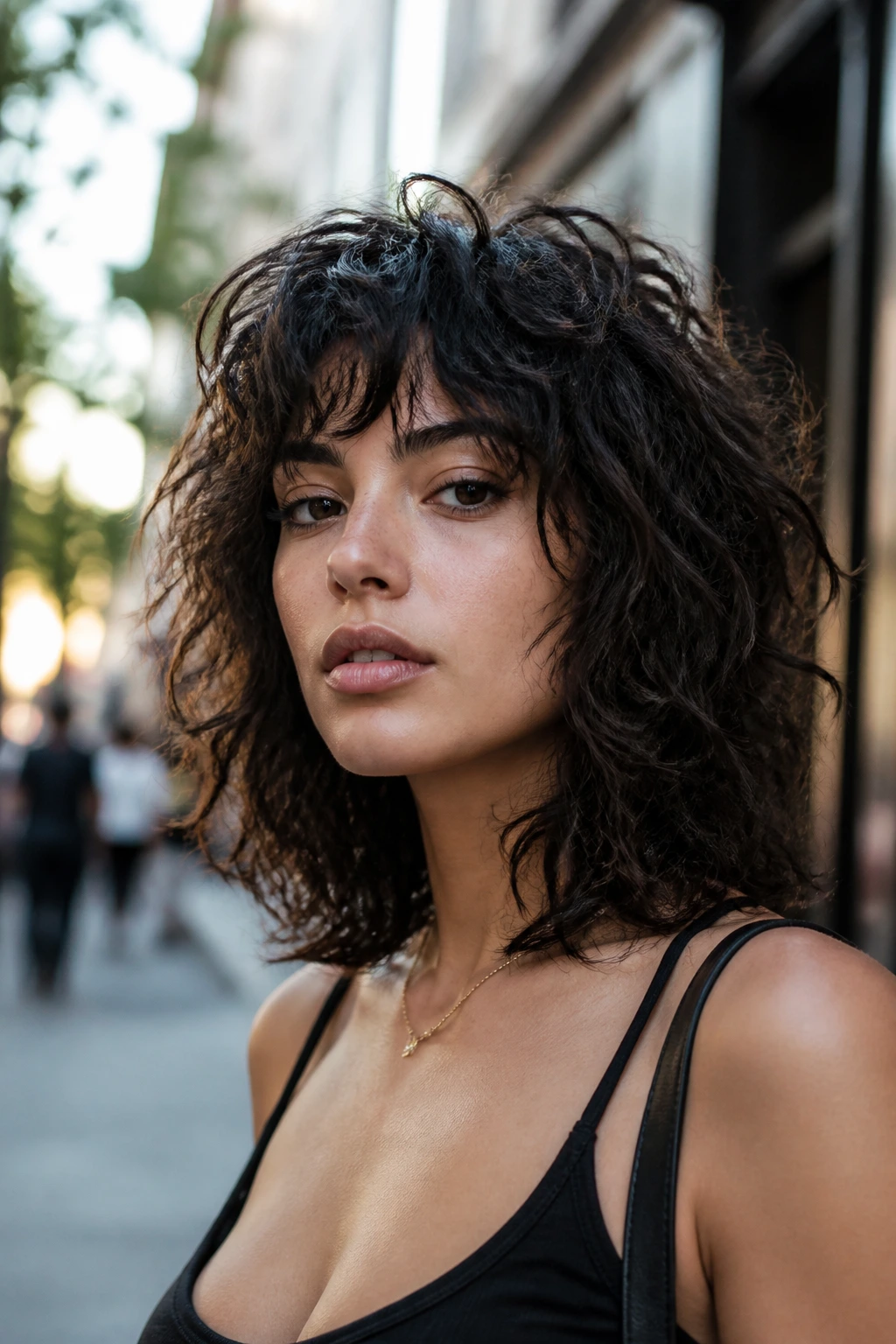 Close-up of a real woman with wolfy shoulder-length shag and edgy ends
