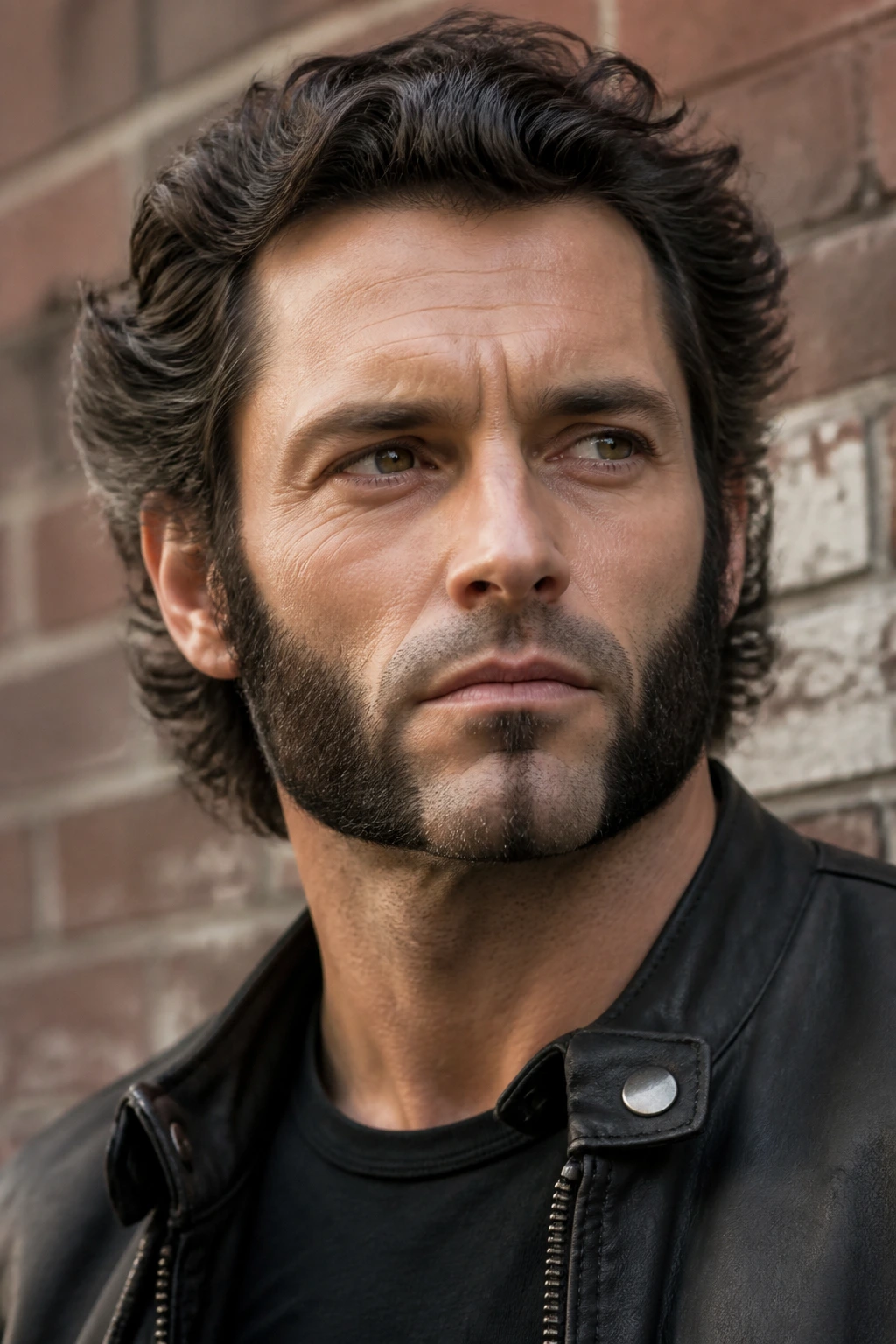 Close-up of a real man with Wolverine Beard featuring thick sideburns and clean neckline in urban daylight