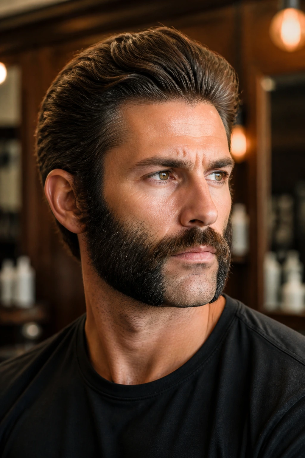 Close-up of a man with thick Wolverine Beard, prominent sideburns and upper beard, crisp center line.