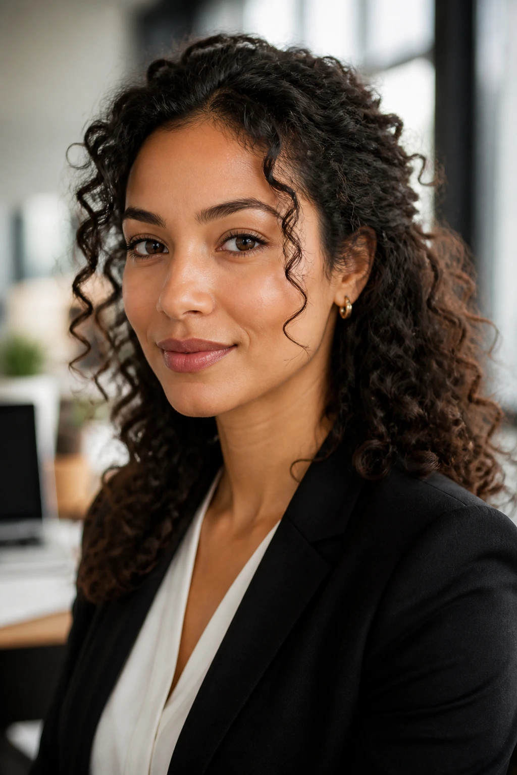 Close-up portrait of a professional woman with a neat curly hairstyle suited for work