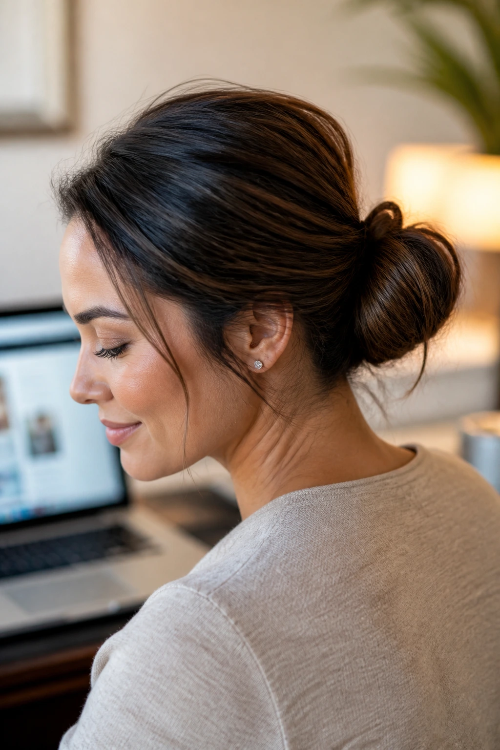 Real person wearing a low, loose knot bun in a home office setting.