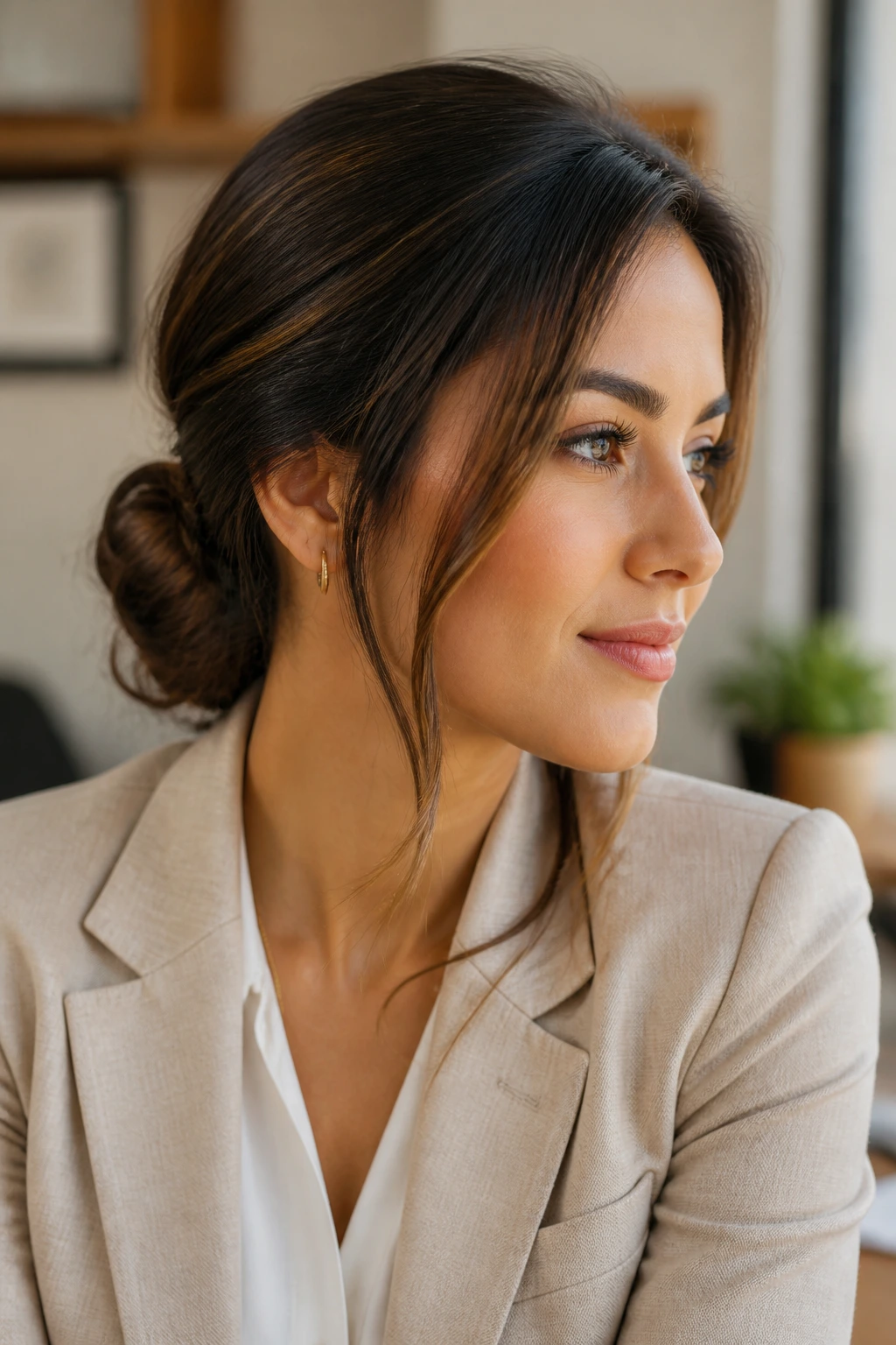 Real woman with a polished low bun and side-swept strand in a work-appropriate setting