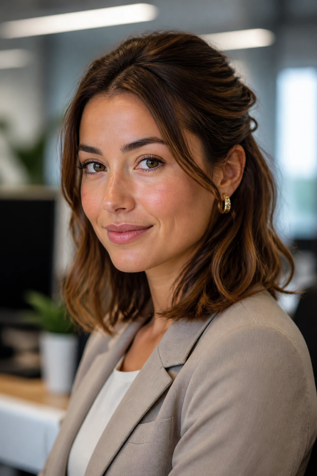 Close-up portrait of a professional woman with shoulder-length hair styled for work.
