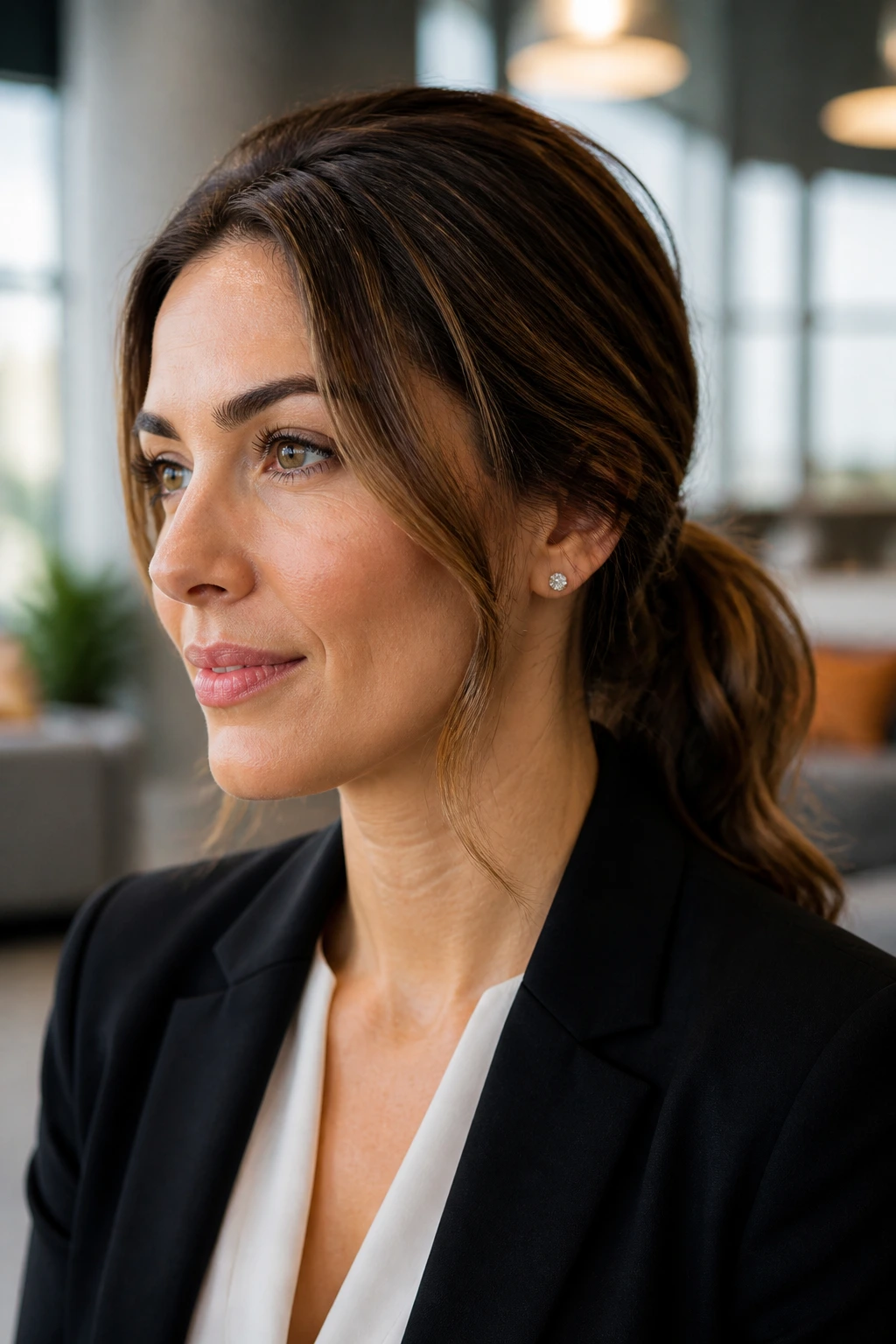 Close-up portrait of a real woman with a work-ready low messy ponytail