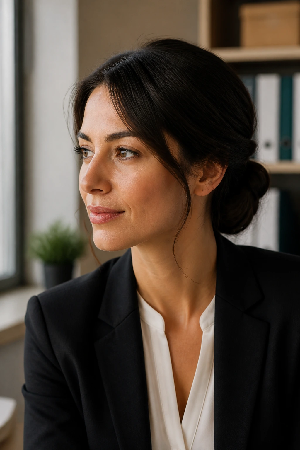 Close-up of a woman with a low twisted chignon in a calm office setting