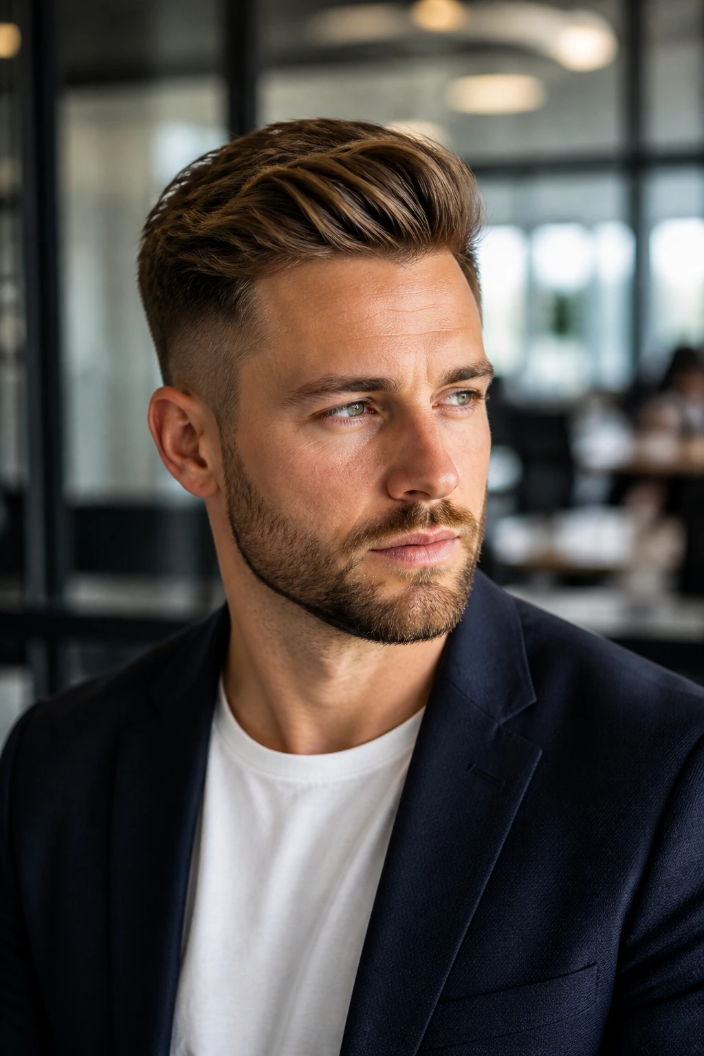 Close-up portrait of a real man with a clean workday haircut in an office