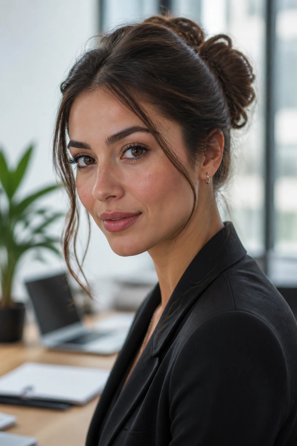 Portrait of a professional woman with an updo in an office setting
