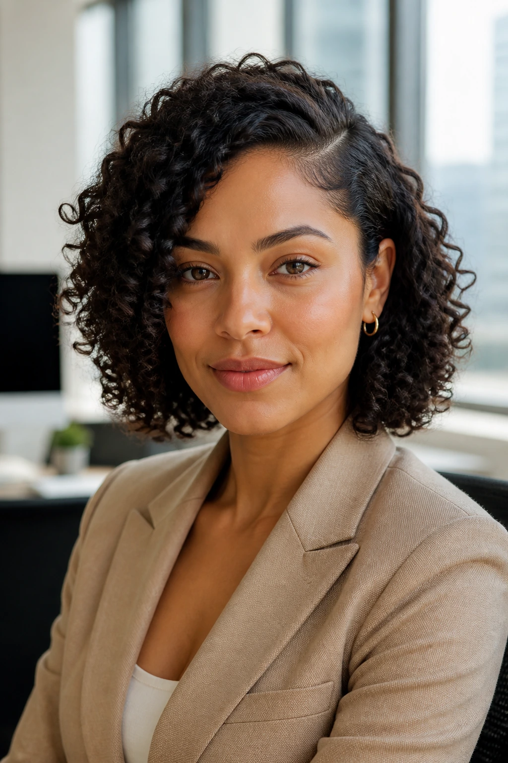 Portrait of a real woman with desk-ready side-part curly hairstyle in an office window light