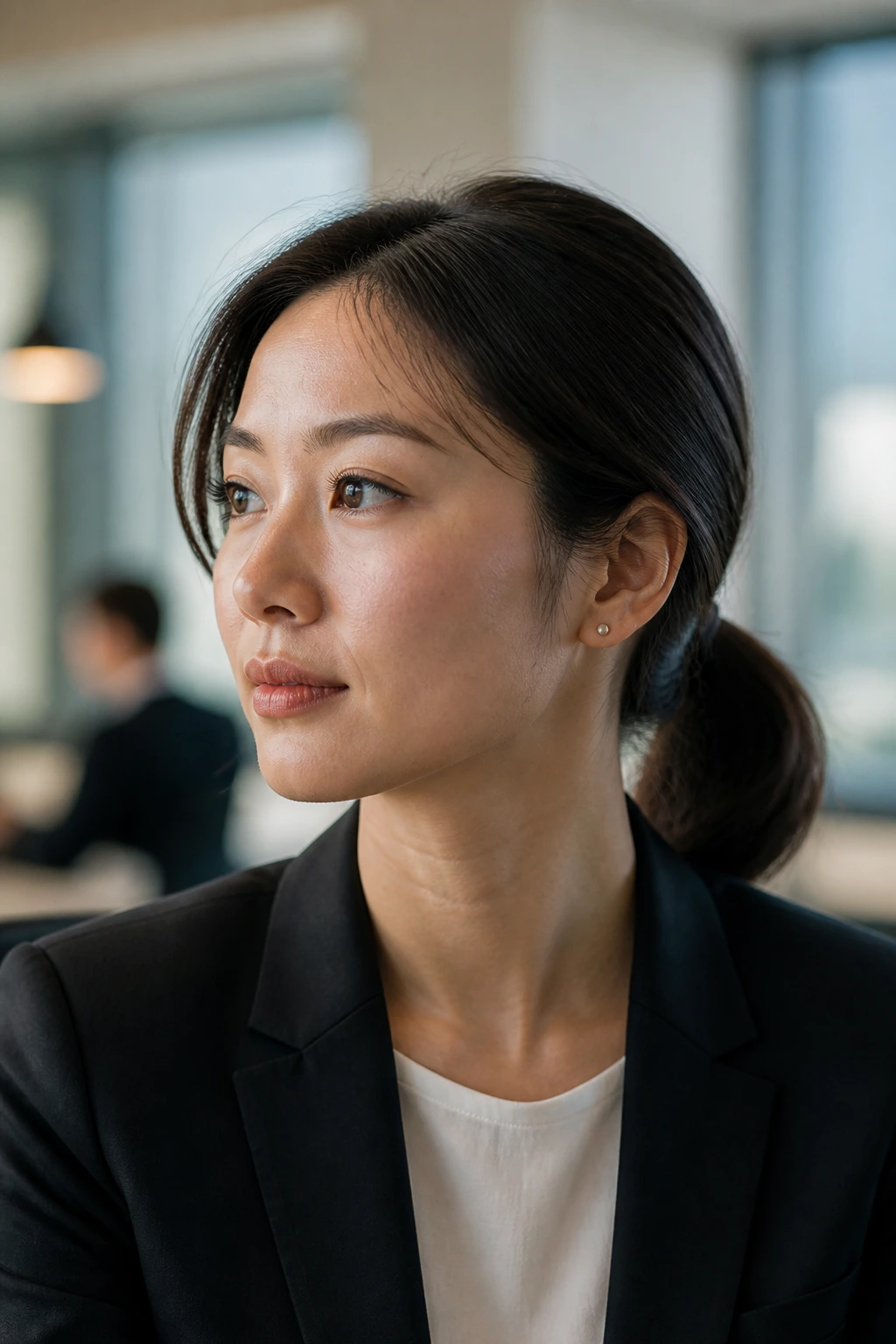 Close-up portrait of a woman with a polished low ponytail in an office setting