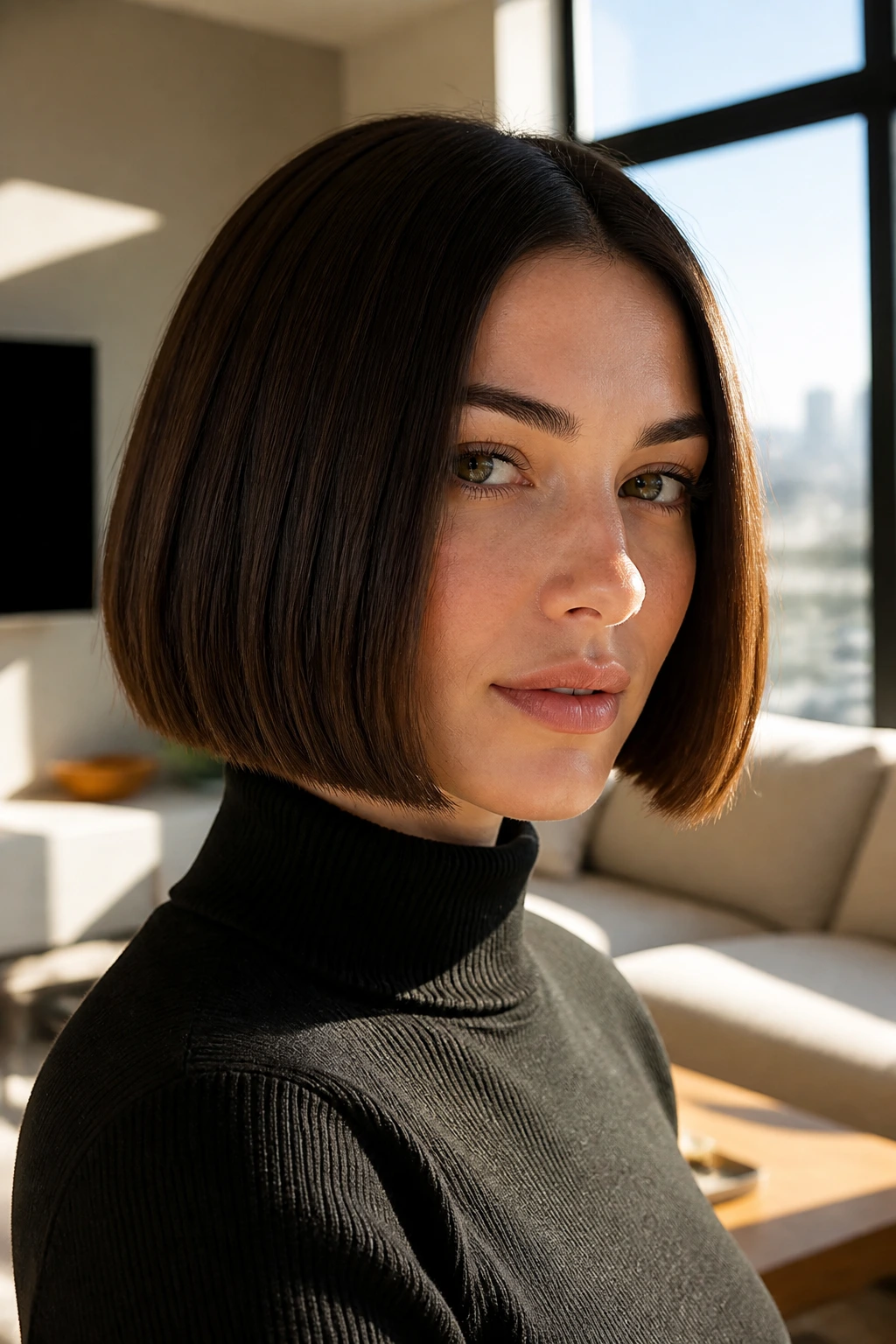 Close-up portrait of a woman with a sharp, precise bob in natural window light.