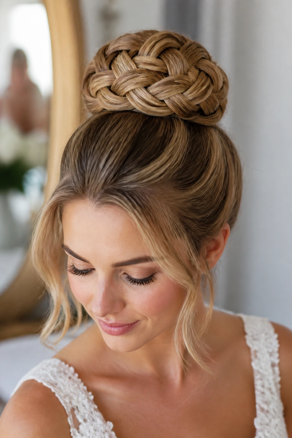 Close-up of a real woman with a woven basket bun hairstyle