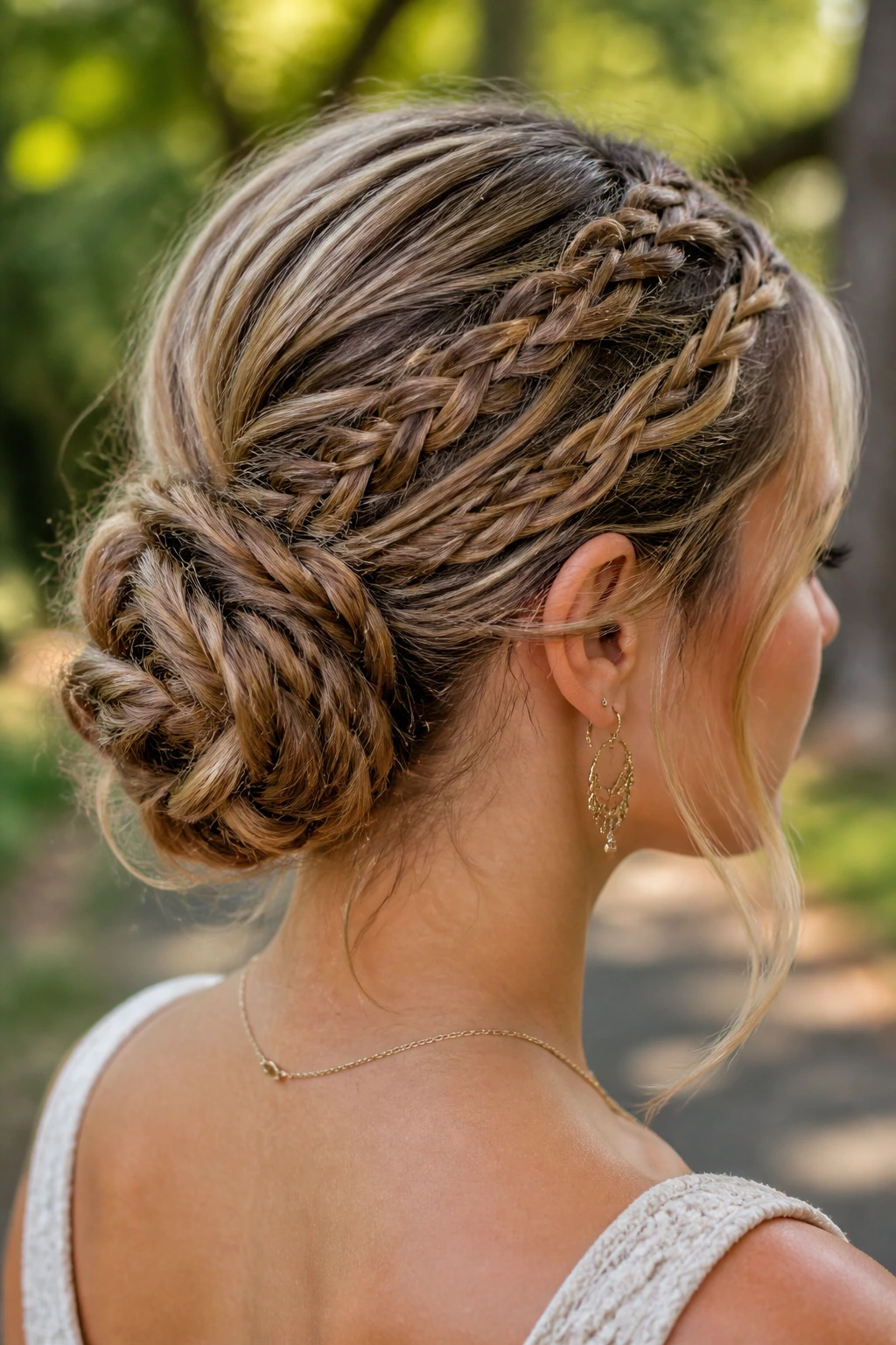 Real person with a woven bun created from multiple braids, close-up