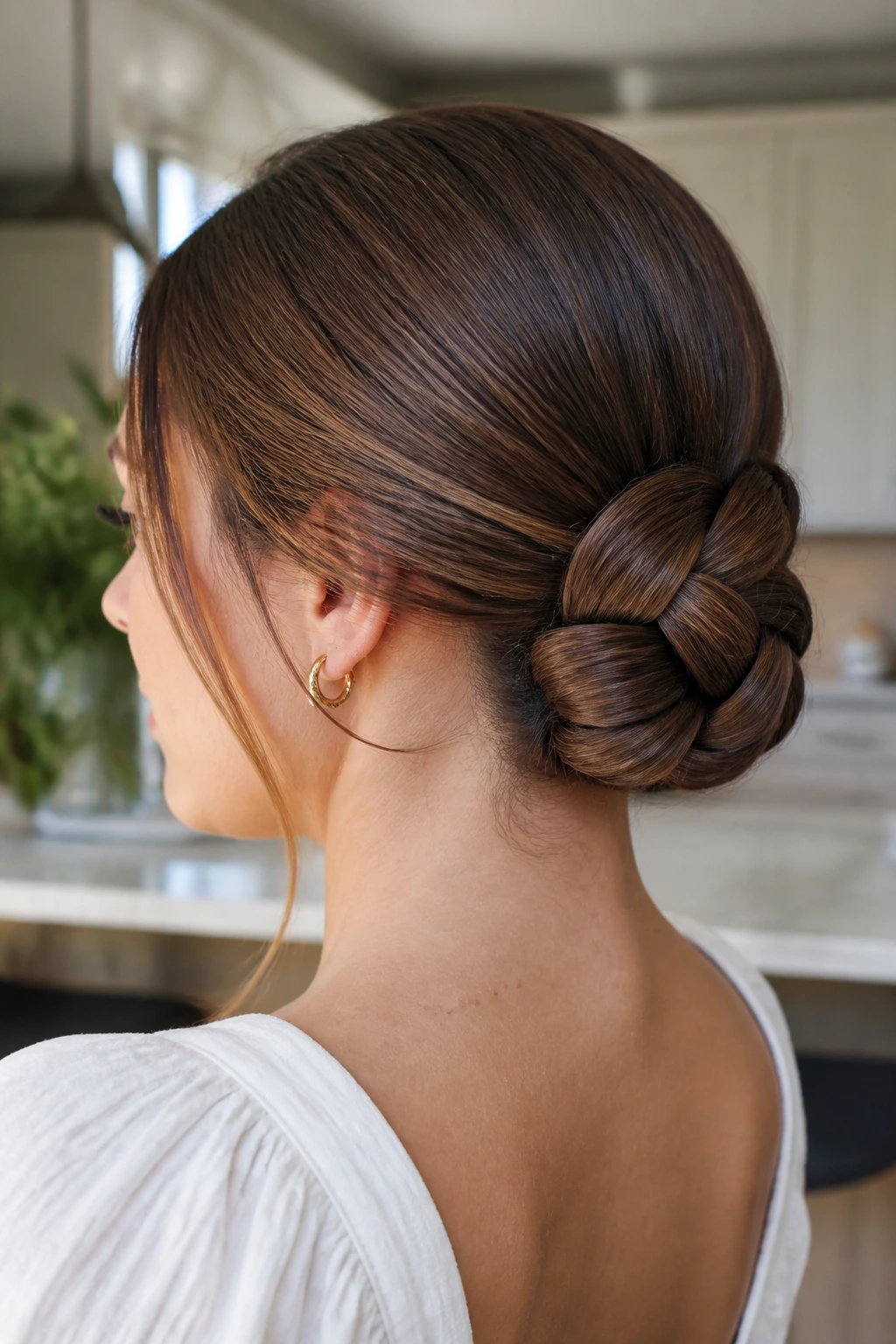 Close-up of a woven bun on a real woman's head