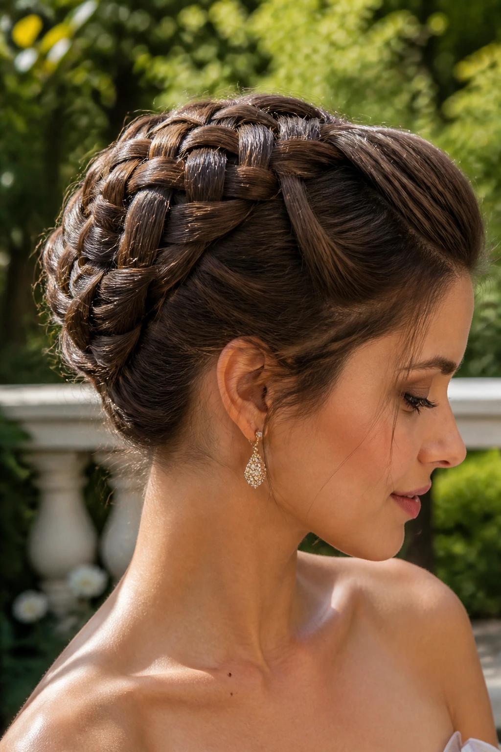 Close-up of a real woman with a woven basket-like bun hairstyle