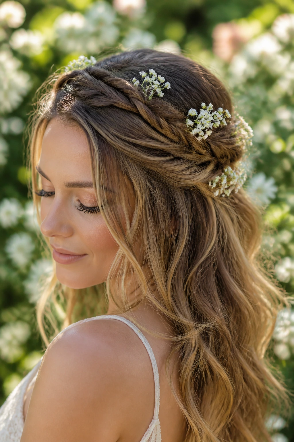 Close-up of a real bride with a woven half-up hairstyle and baby’s breath