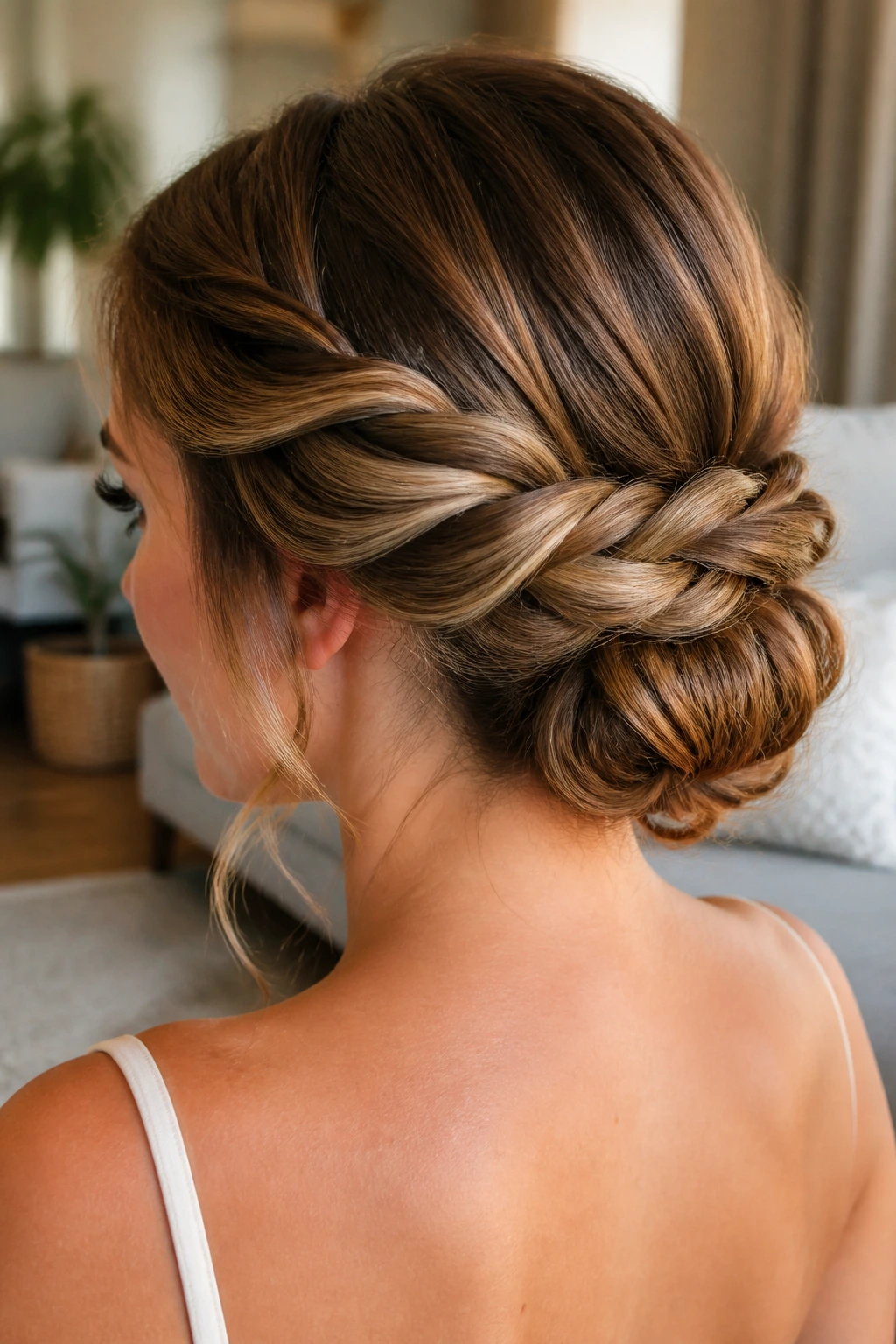Portrait of real woman with woven low bun hairstyle