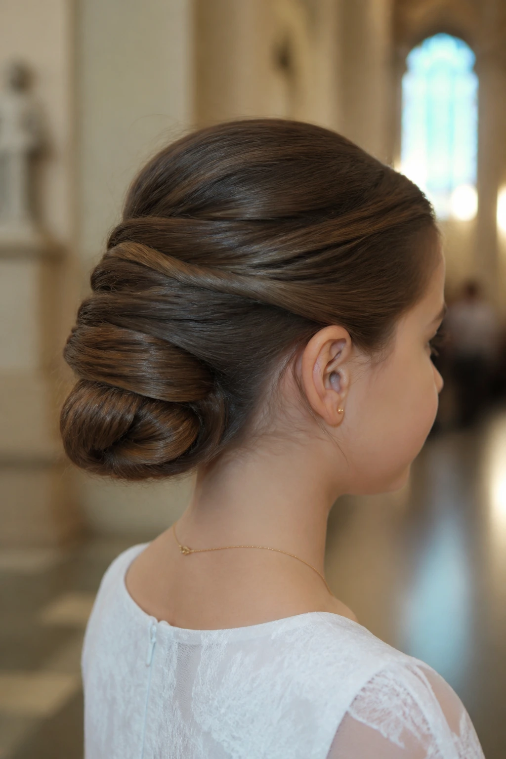 Close-up of a child with a thick hair woven low bun at the back