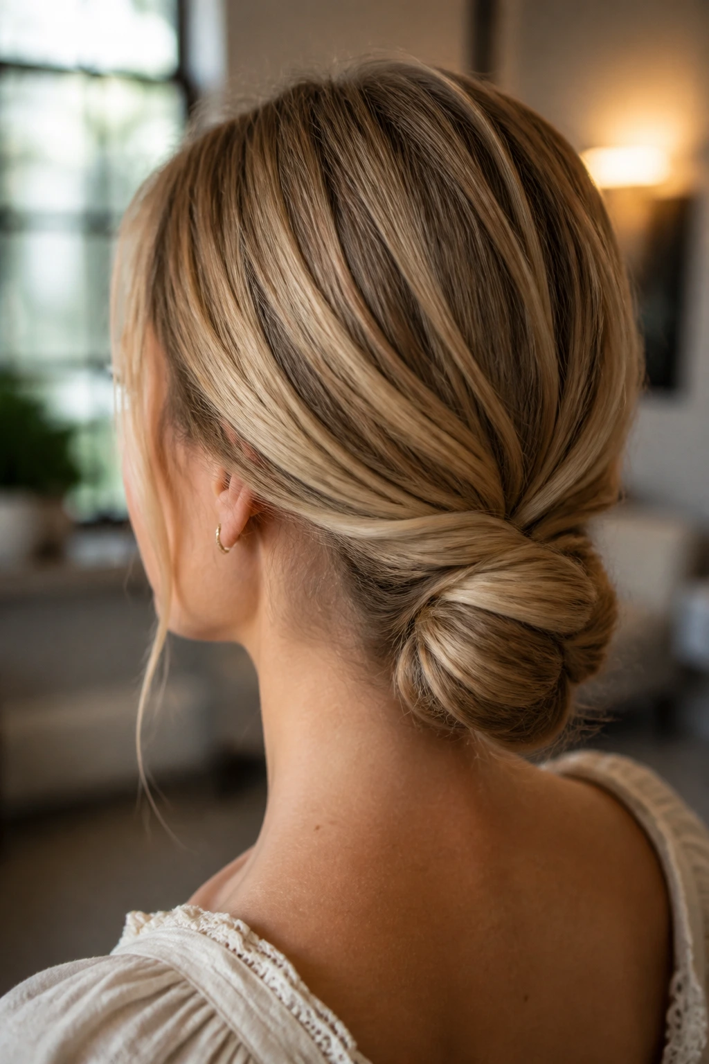Close-up portrait of a real person wearing a Woven Low Knot at the nape with interlaced panels