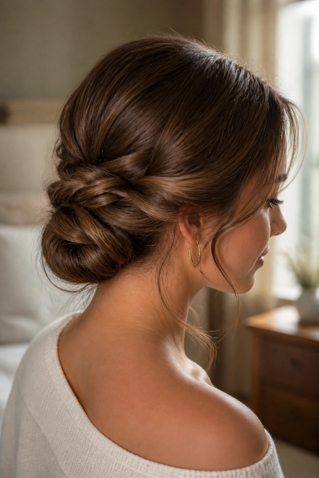 Close-up of a real woman with a woven low knot at the nape in warm window light.