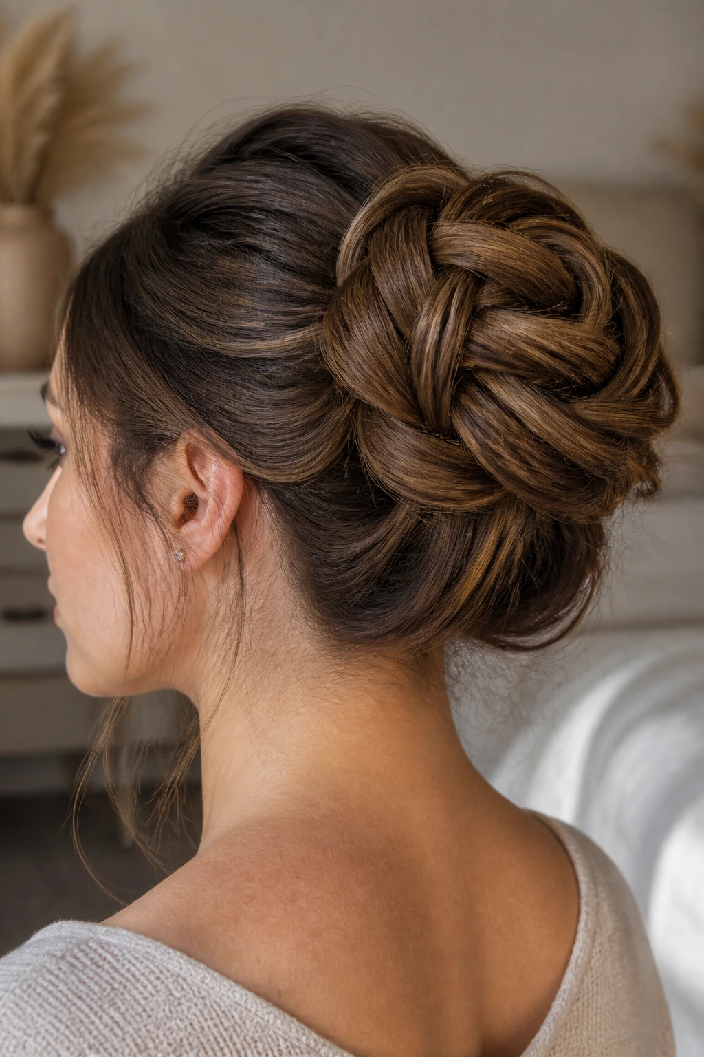 Close-up of real woman with a woven pin bun in a sunlit room