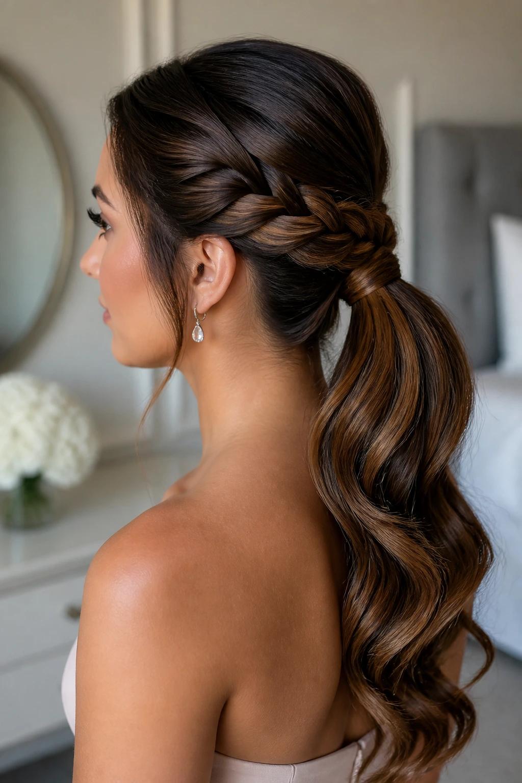 Close-up of a real woman wearing a woven low ponytail with crown weave at the base