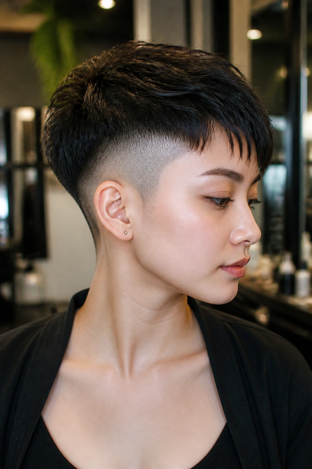 Close-up of a real woman with a full wraparound undercut pixie