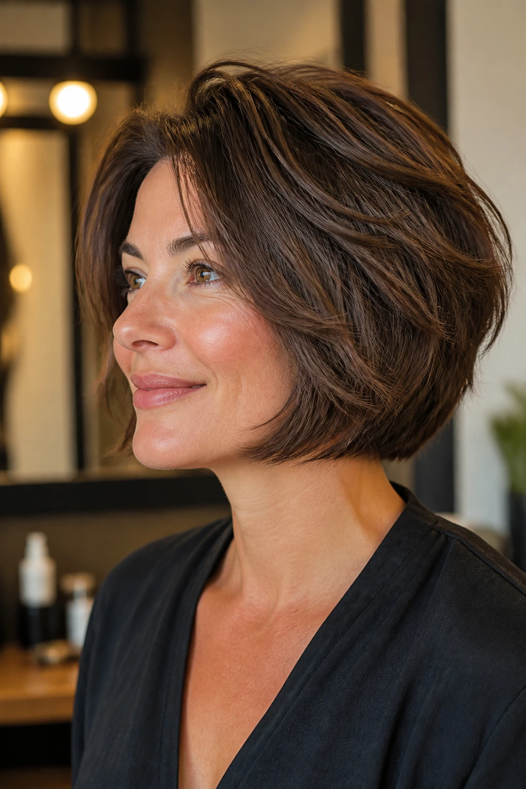 Close-up of a real person with wraparound shag bob showing curved layers around head