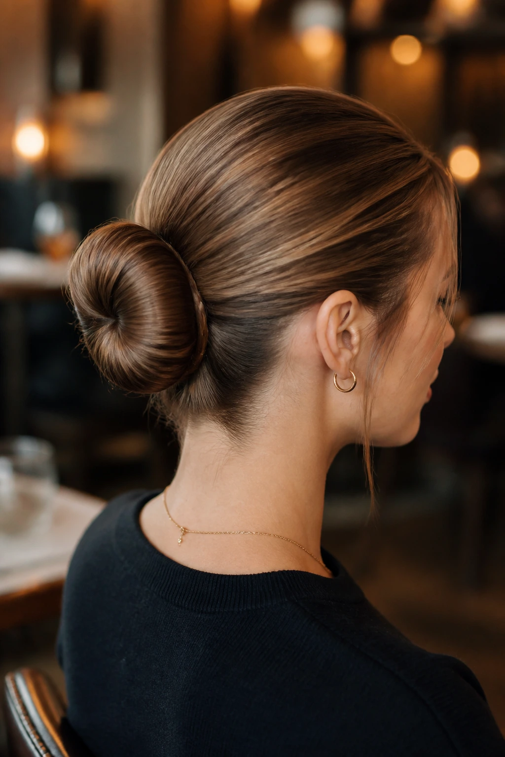Portrait of a real woman with a wrapped ballet bun and hidden elastic