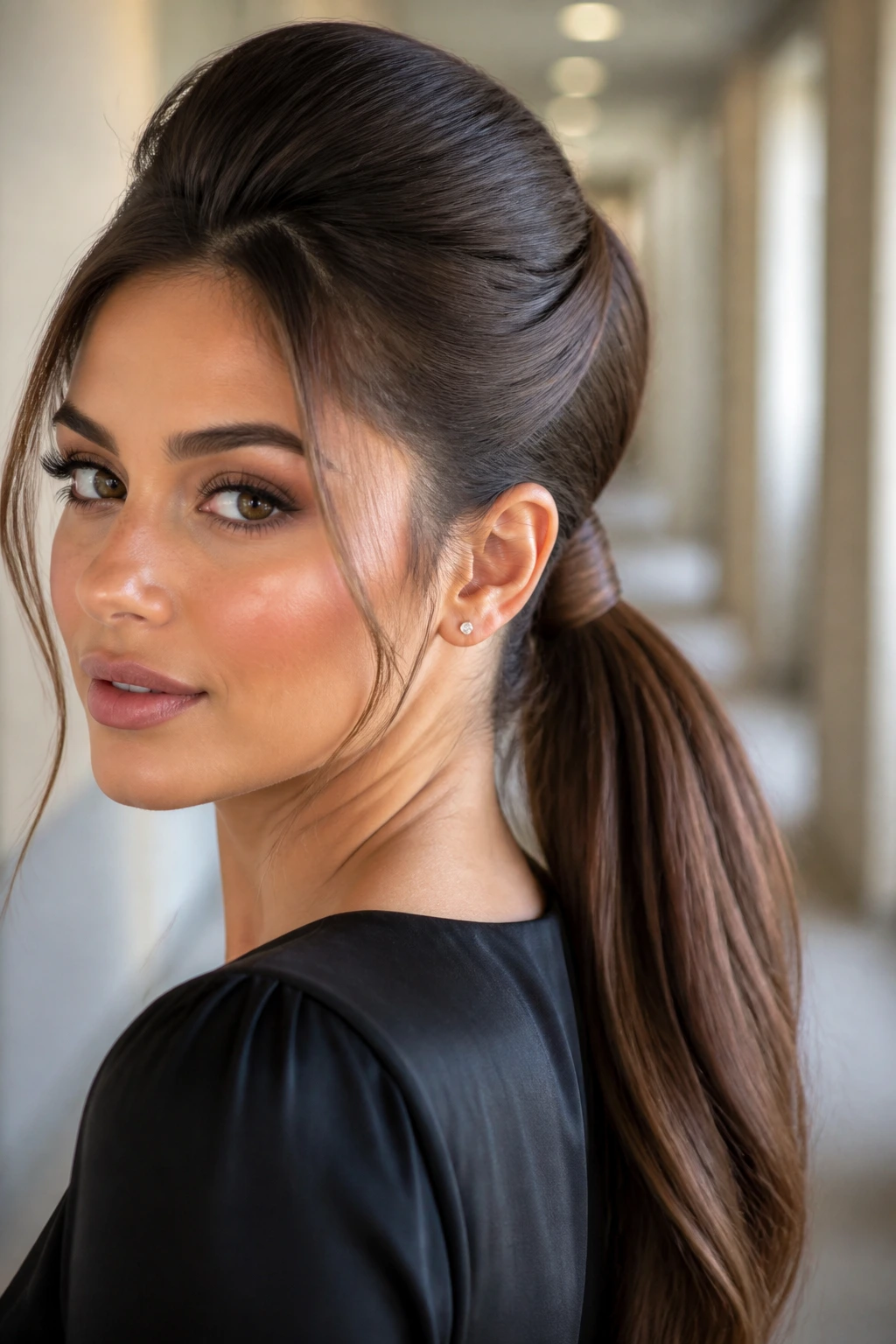 Wrapped-base bouffant ponytail close-up portrait with wrapped elastic.