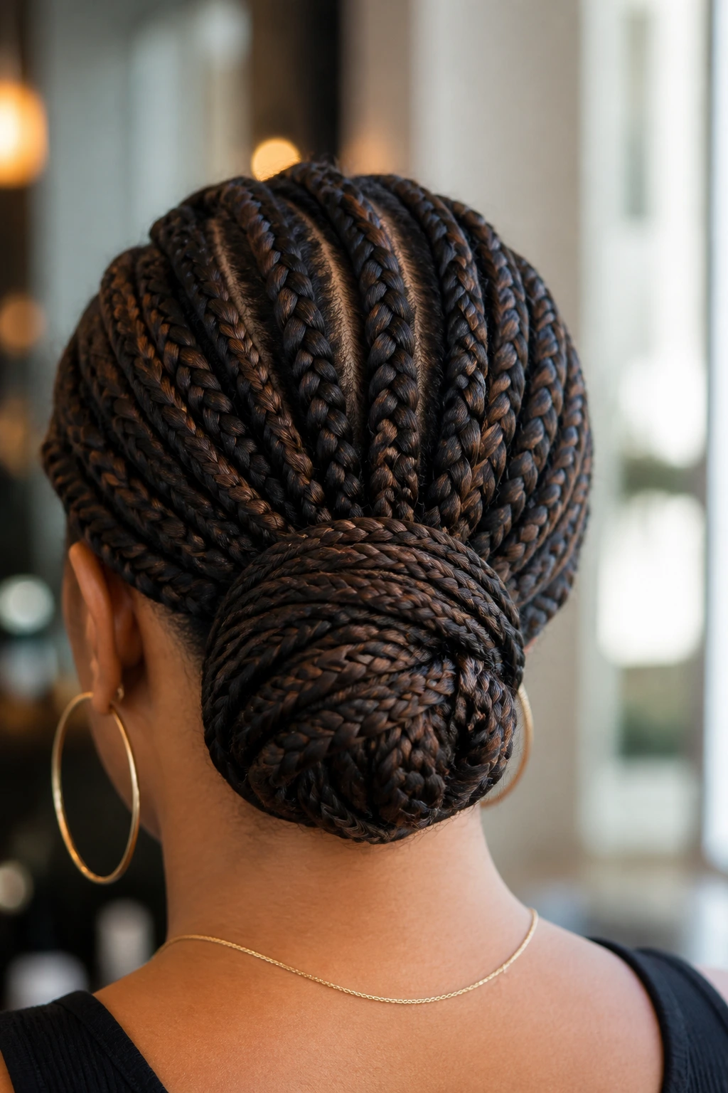 Back view close-up of a wrapped-base bun on a real person with braided hair