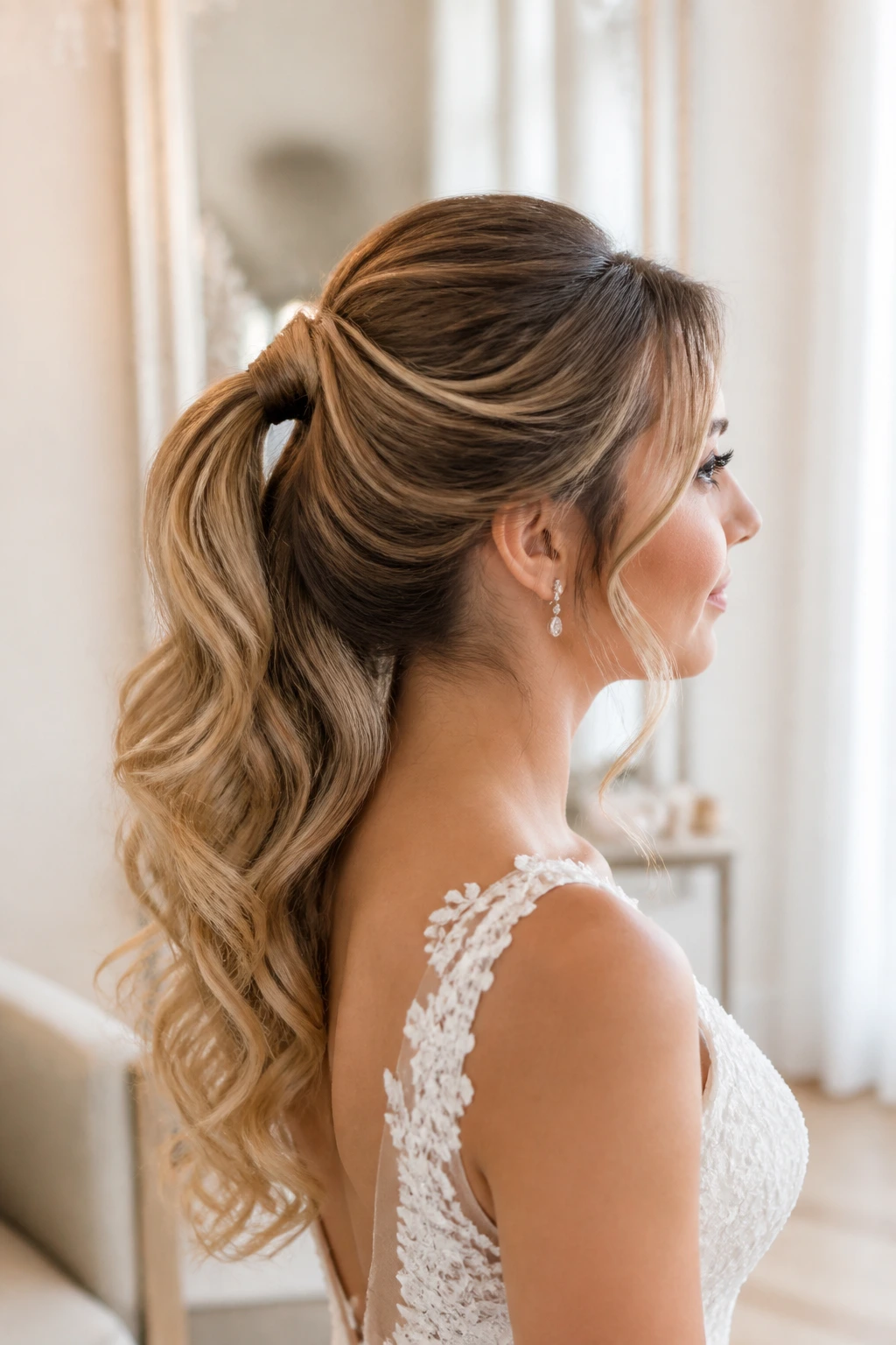 Side-profile of real bride with Wrapped-Base Half-Up Ponytail
