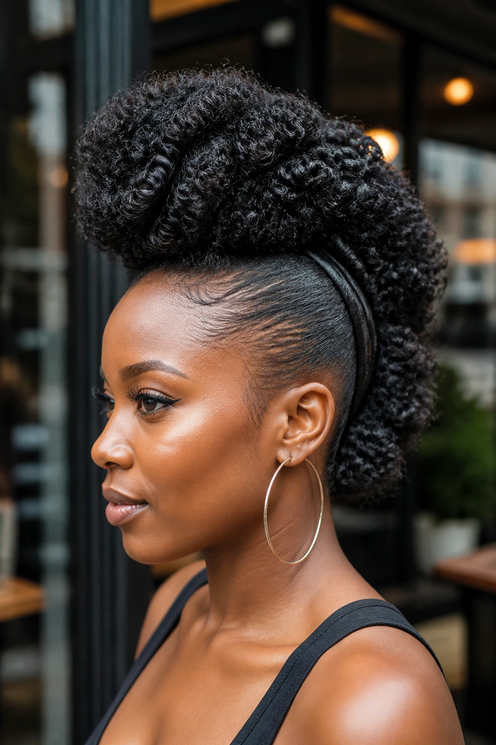 Close-up of a real person with a wrapped-base mohawk showing a polished root and elevated crown.