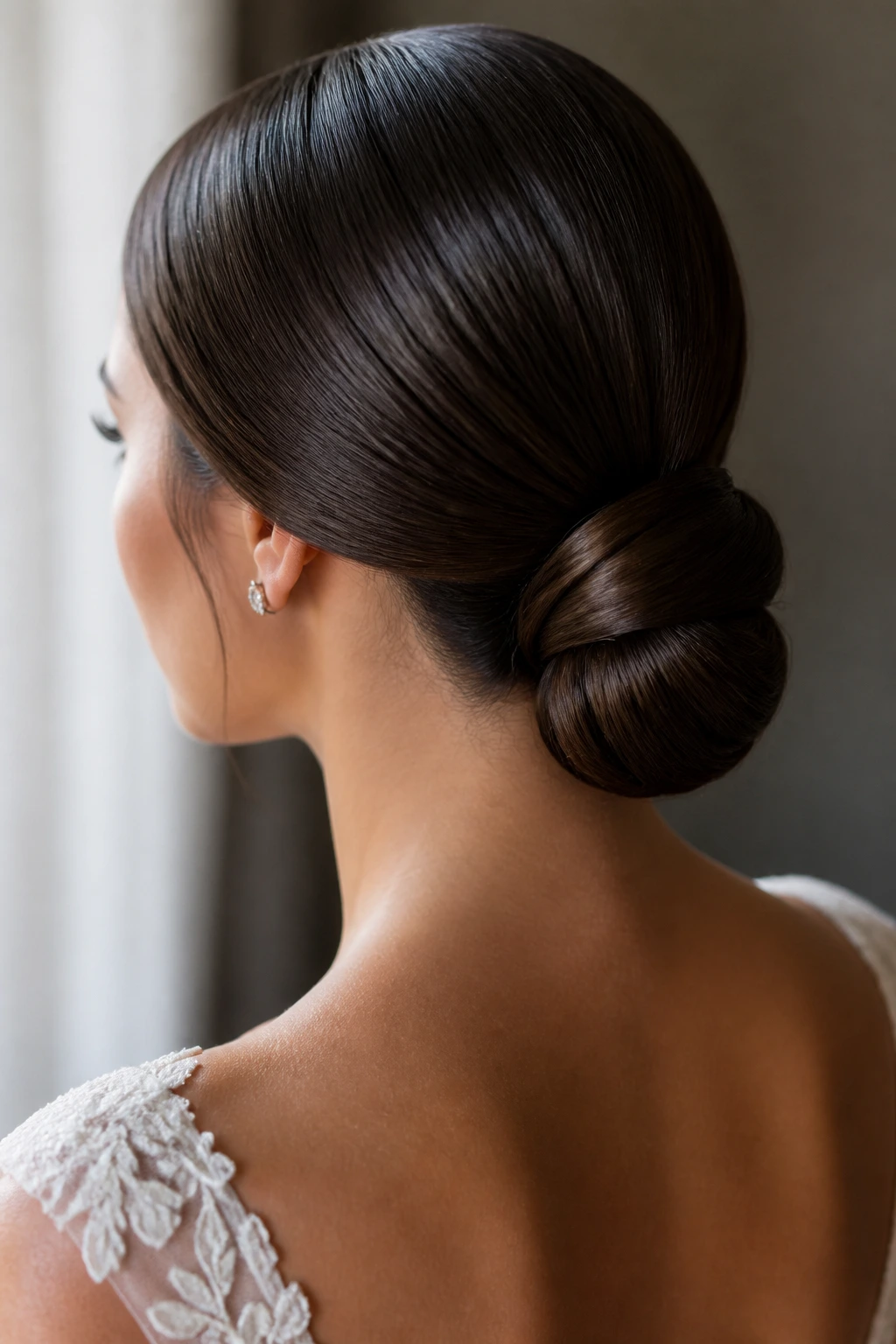 Bride with a sleek wrapped-base knot at the nape