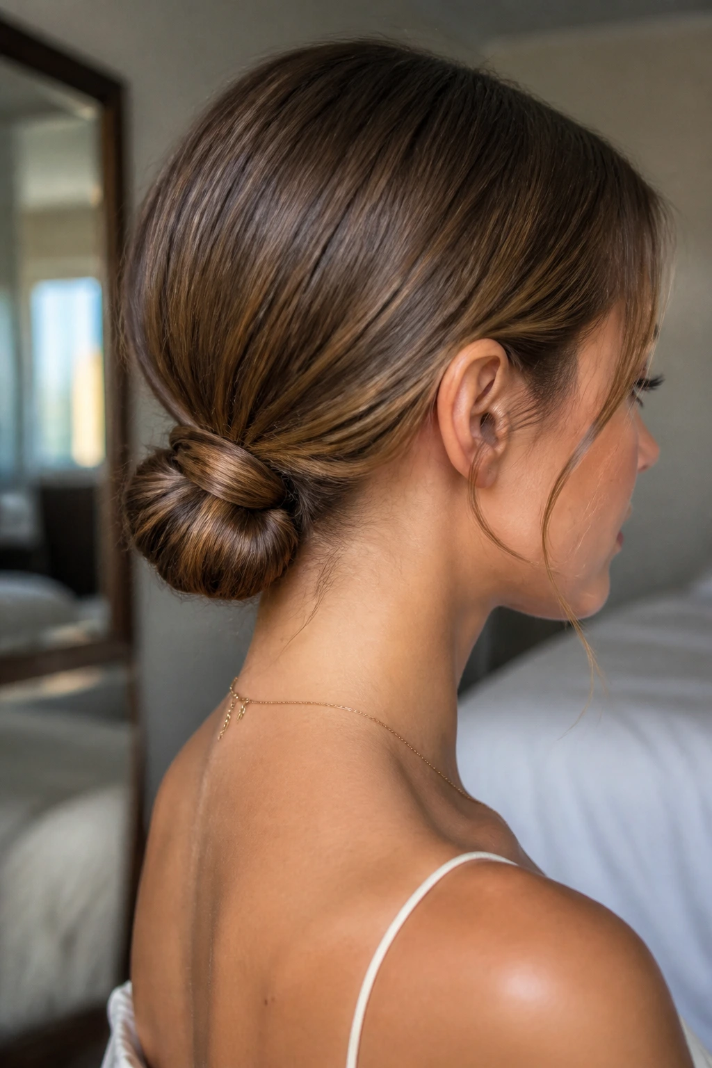 Close-up of a real woman with a wrapped-base knot at the nape