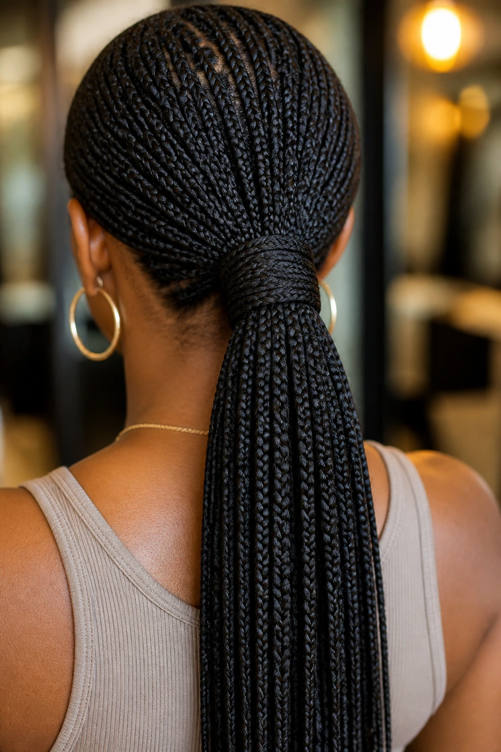 Back view of a real woman with wrapped-base pony tail