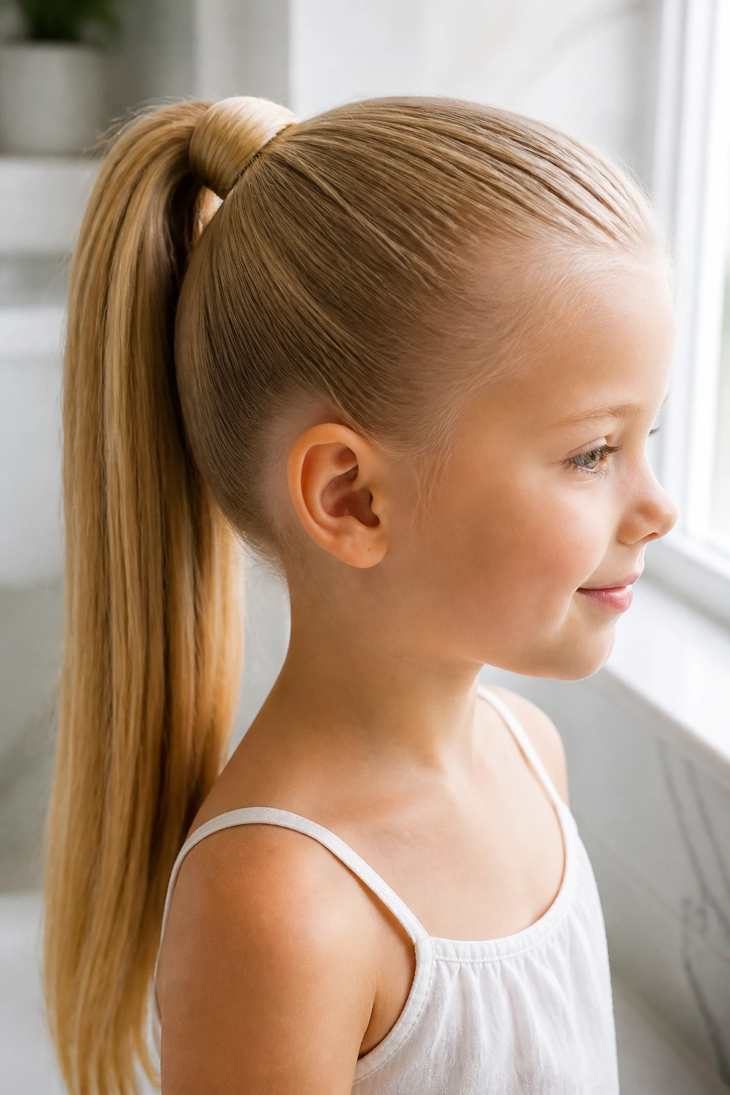 Blonde child with sleek high ponytail and wrapped base