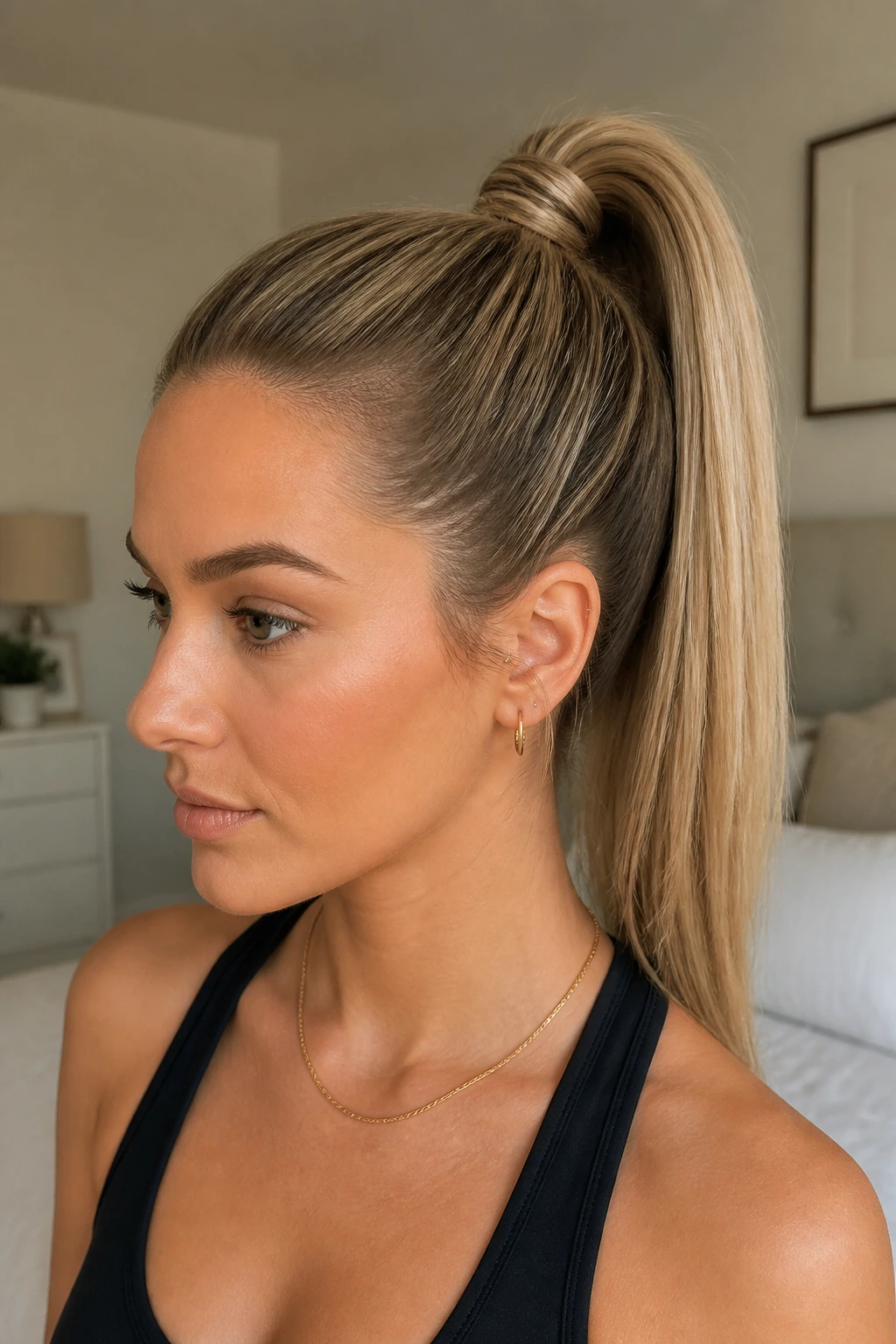 Close-up of a real person with a wrapped-base high ponytail