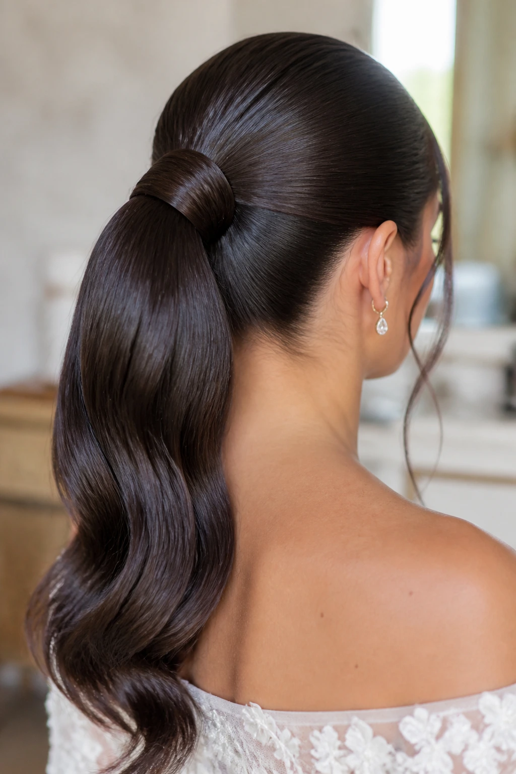 Rear-profile of a real woman with a wrapped-base high-gloss ponytail