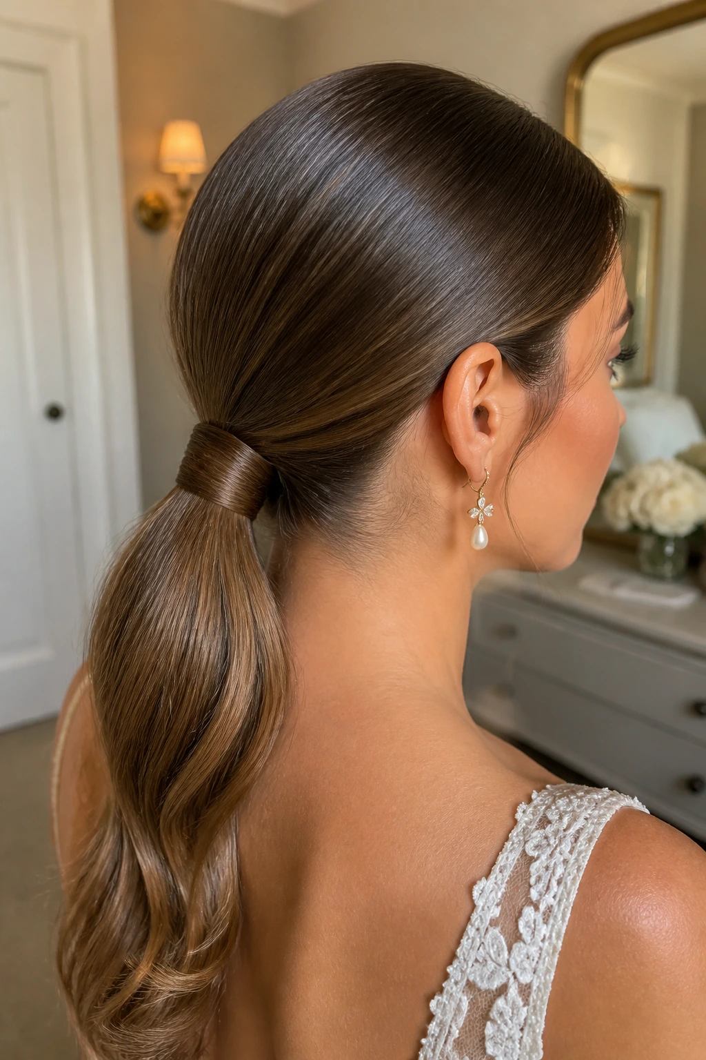 Close-up of bride with wrapped-base polished low ponytail