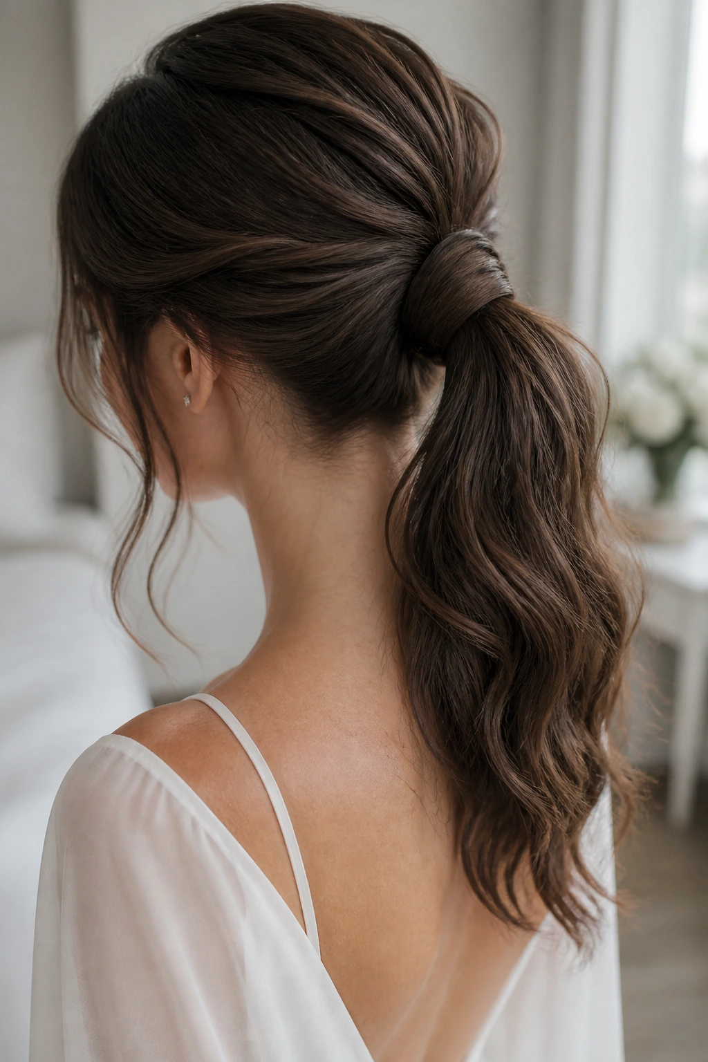 Real woman with wrapped-base textured ponytail