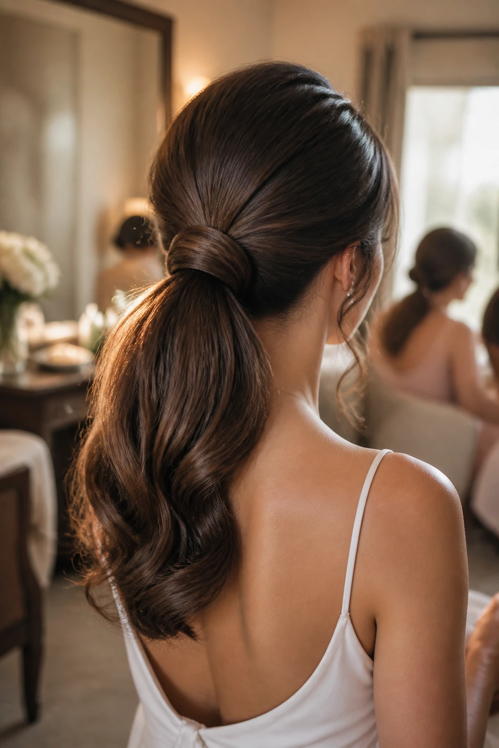 Back view of voluminous wrapped-base ponytail with crown lift