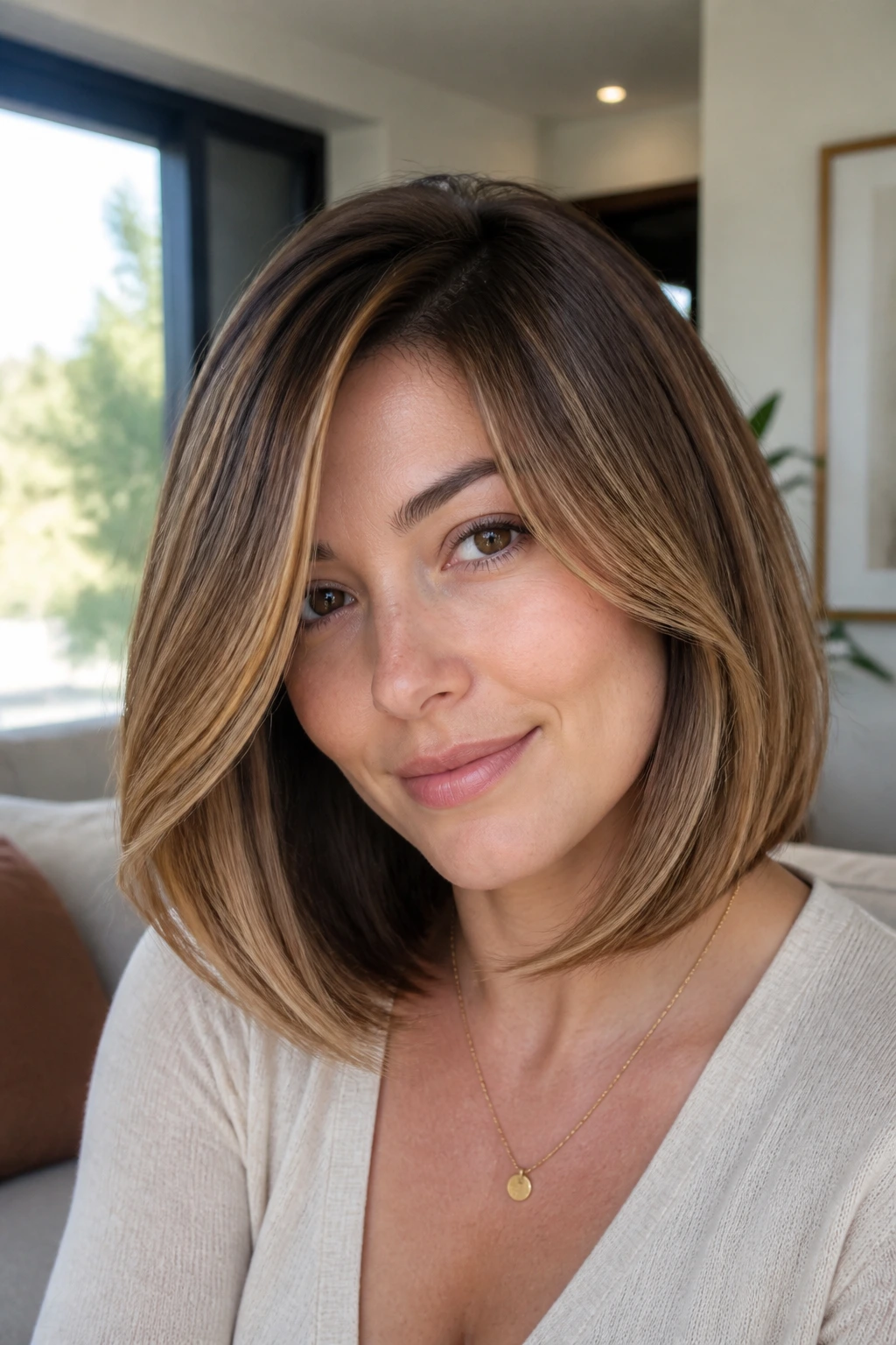 Close-up of a real woman with a Wrapped Blowout Bob showing a rounded, wrapped finish.