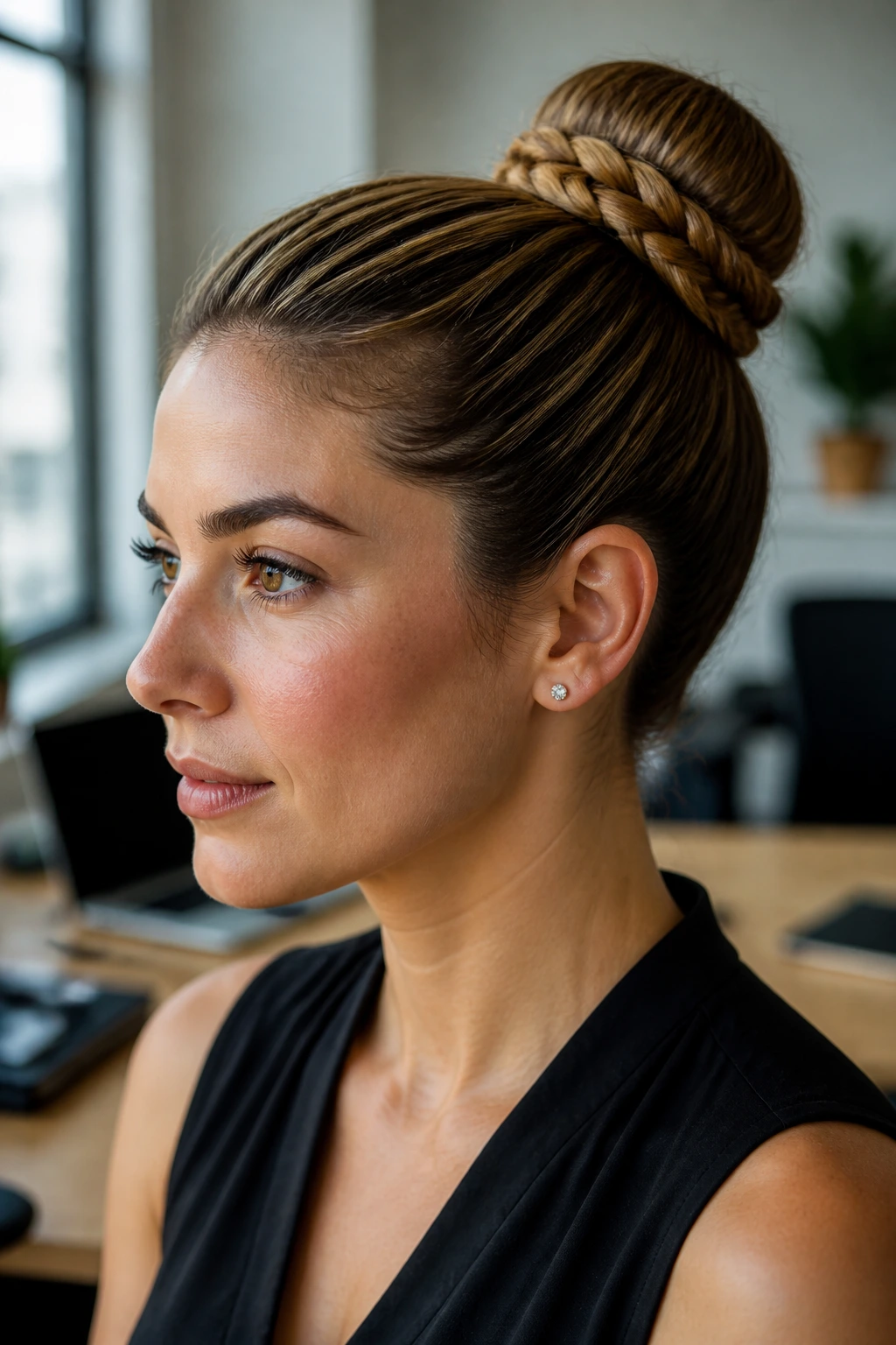Close-up portrait of a real woman with a wrapped braid bun in an office setting
