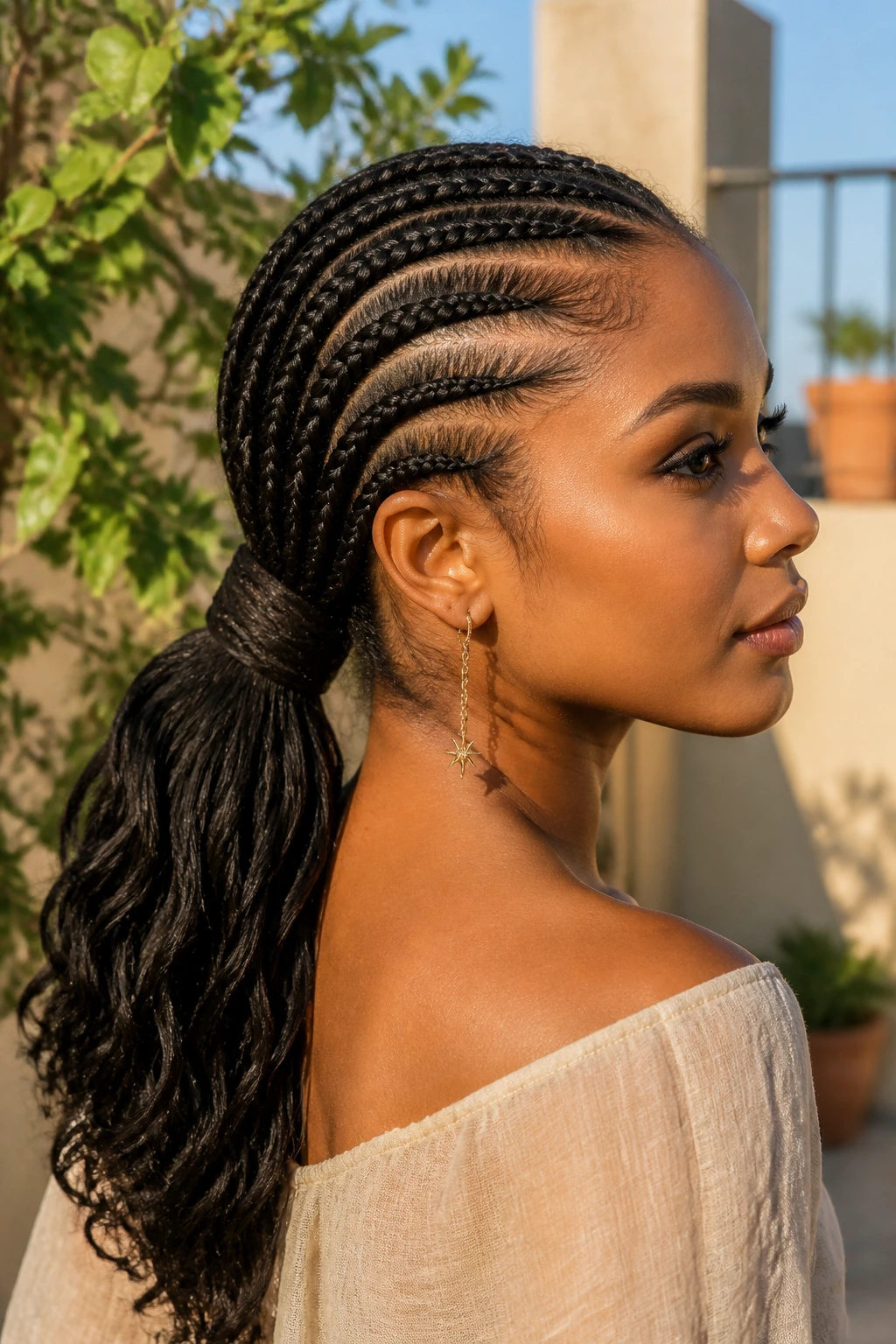 Close-up portrait of a wrapped braid ponytail at the base of a ponytail