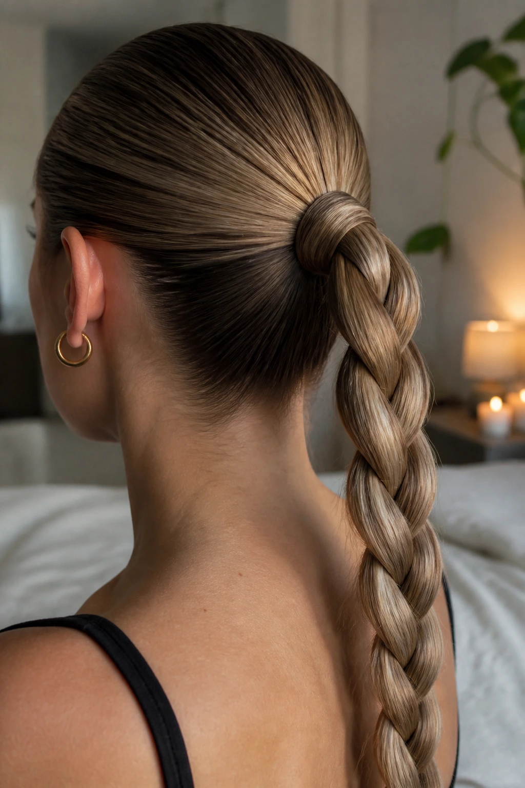 Real woman with wrapped braid around ponytail elastic in natural light